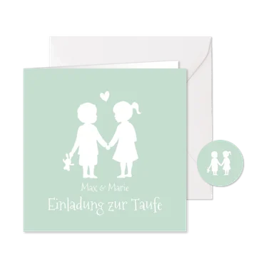 Einladung zur Taufe Zwilling Junge & Mädchen Silhouette